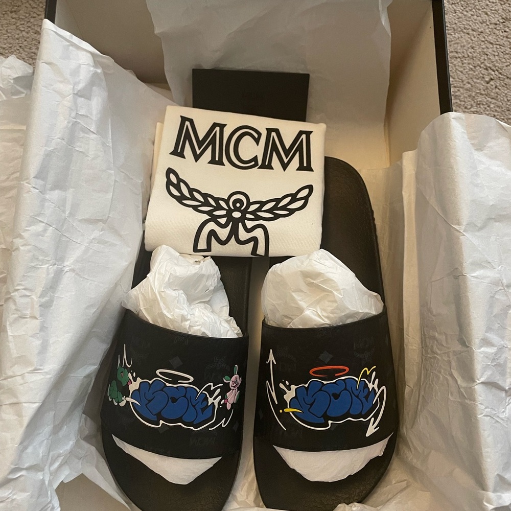 MCM Black Slides with Colorful Graphic
